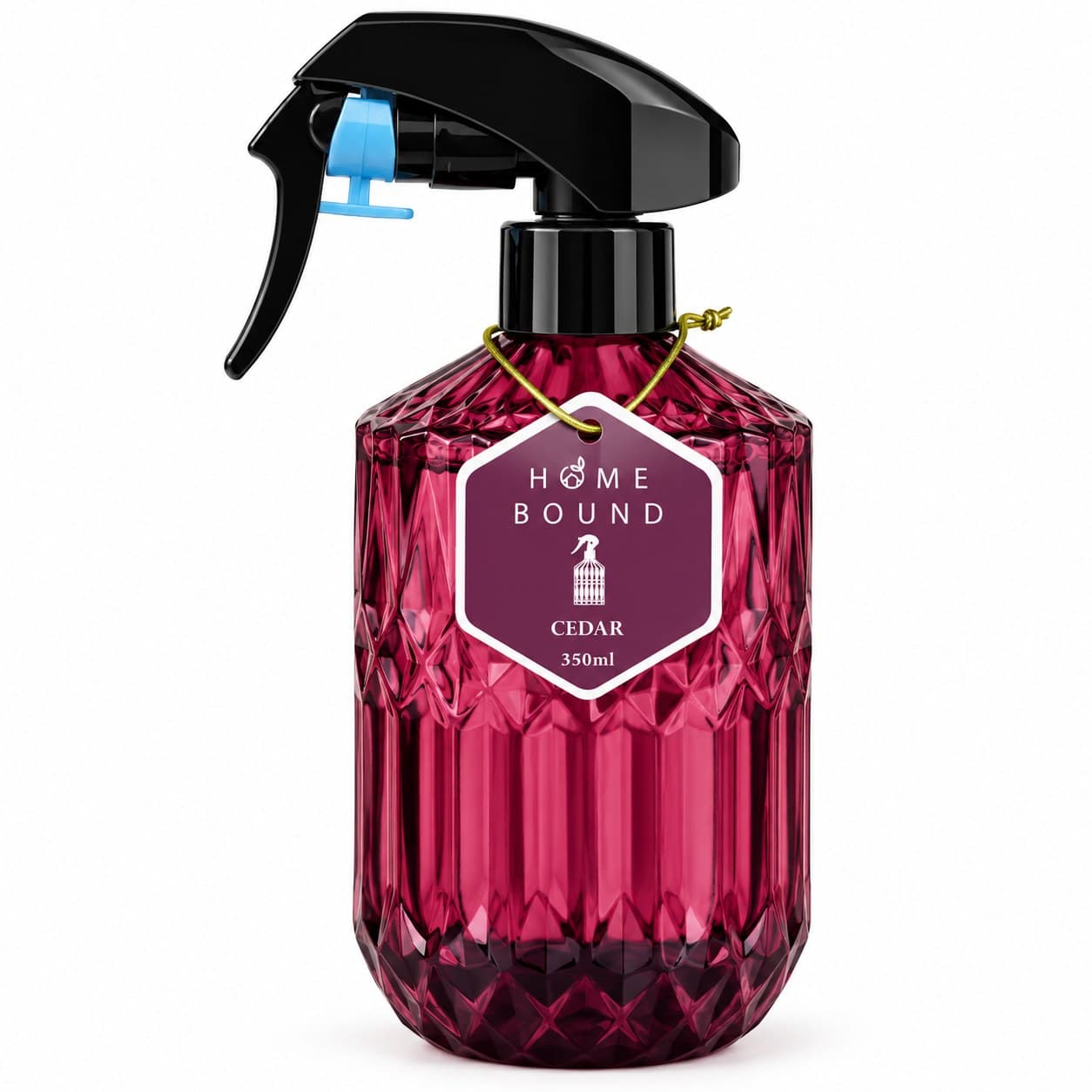 HomeBound Roomspray Facet Cedar 350 ml, wijnrode glazen fles met facetmotief en triggerverstuiver
