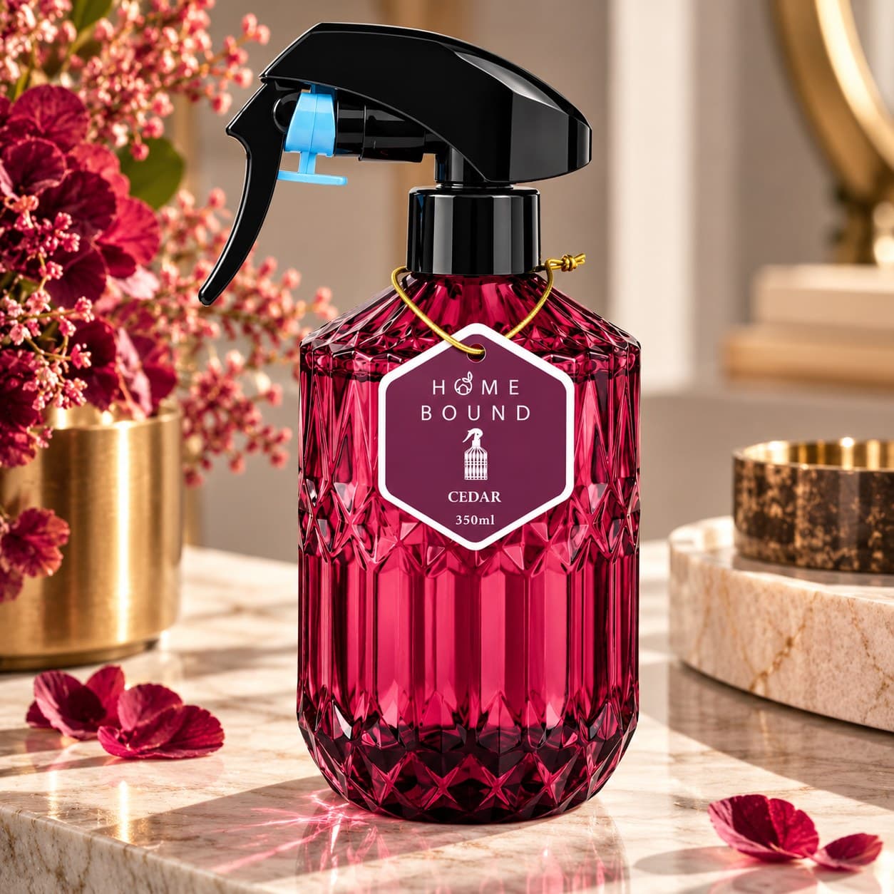 HomeBound Facet Cedar roomspray op een marmeren tafel tussen bordeauxrode bloemen