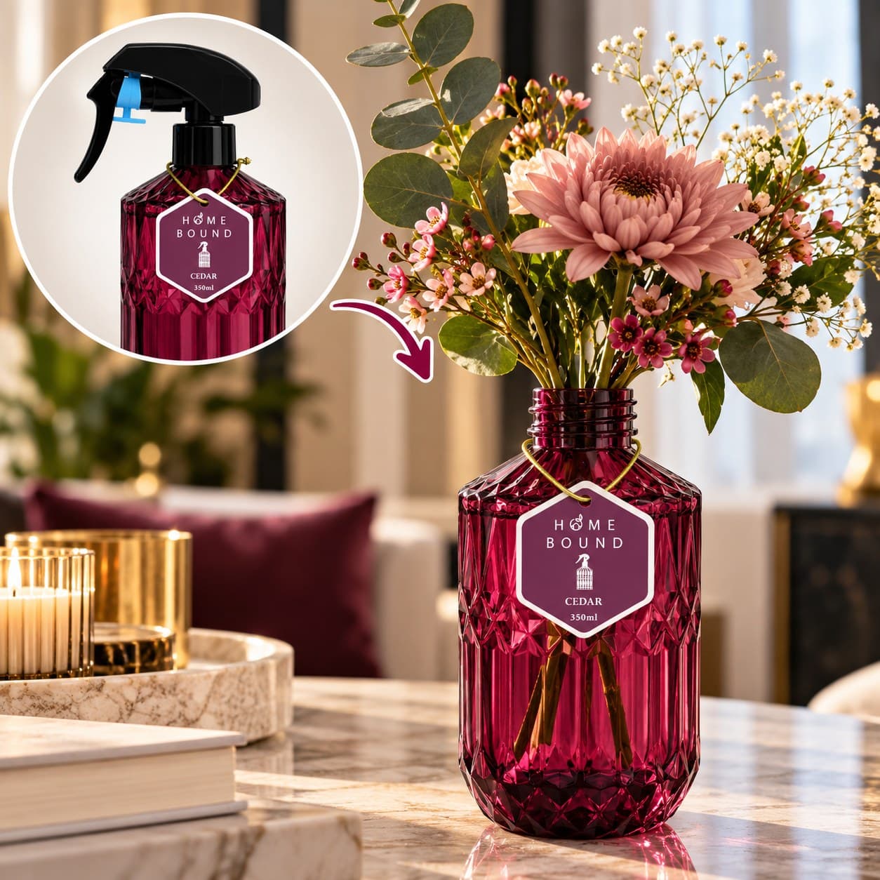 Lege Facet Cedar fles hergebruikt als vaas met een boeket bloemen