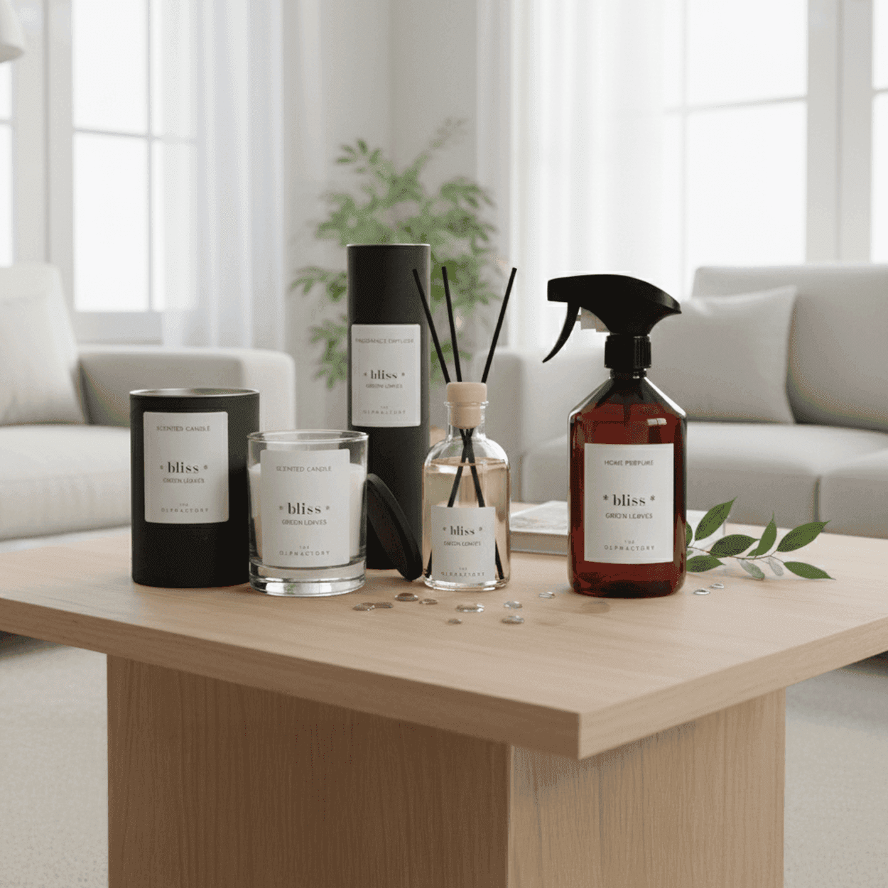 Bliss Green Leaves geschenkset — geurstokjes 100ml, interieurspray 500ml en geurkaars 200g (The Olphactory)