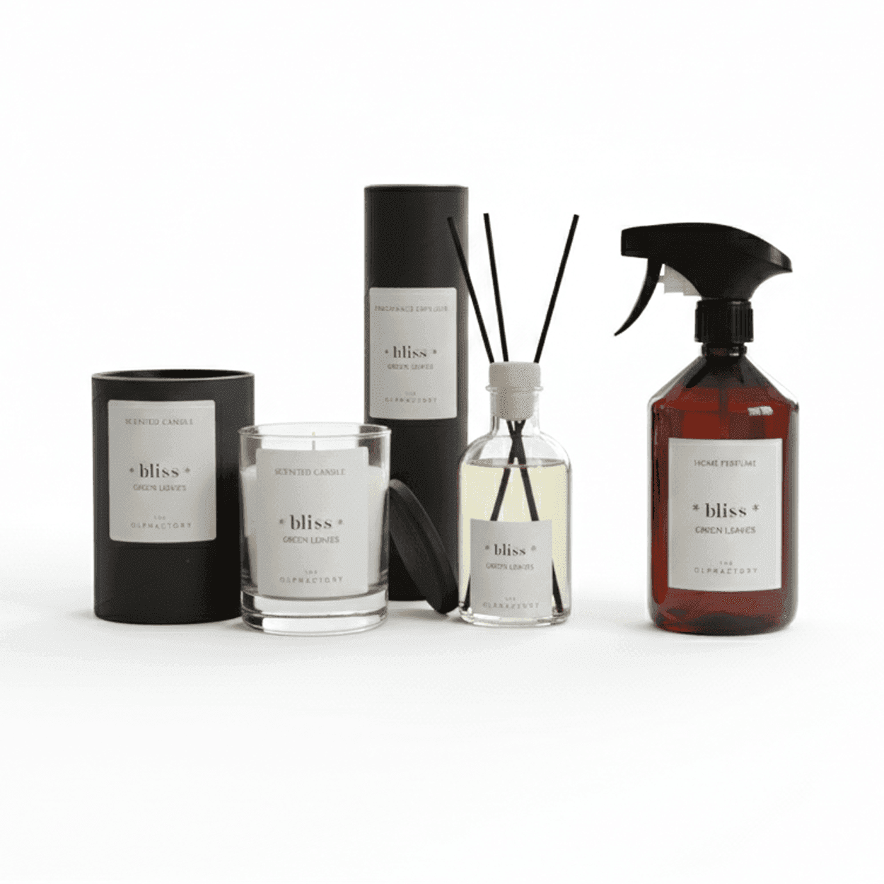 Bliss Green Leaves geschenkset — geurstokjes 100ml, interieurspray 500ml en geurkaars 200g (The Olphactory)