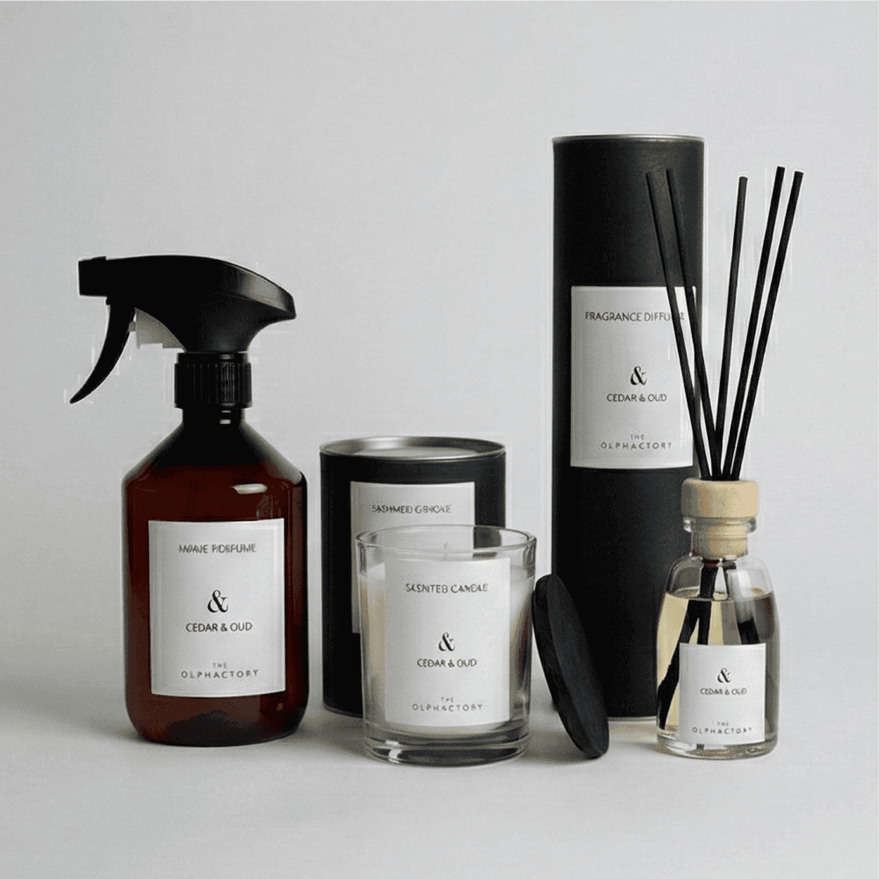 Cedar & Oud The Ophactory geschenkset — geurstokjes 100ml, interieurspray 500ml en geurkaars 200g (The Olphactory)