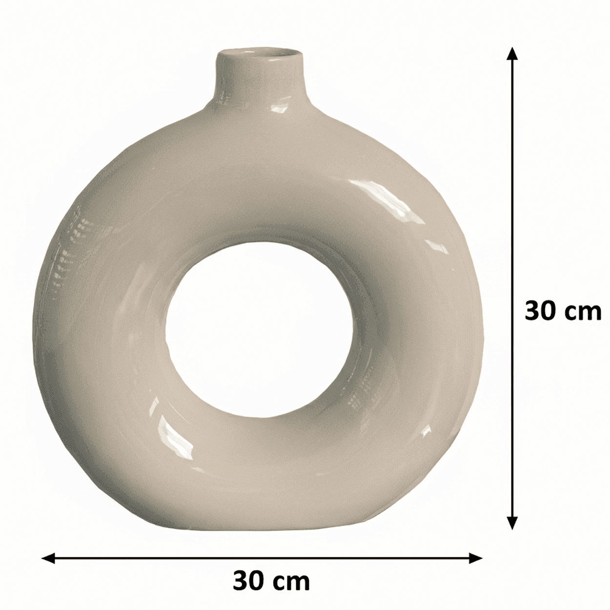 Cirkel Vaas — wit porselein, 30×30×10 cm; sculpturaal design op houten tafel in minimalistisch interieur.