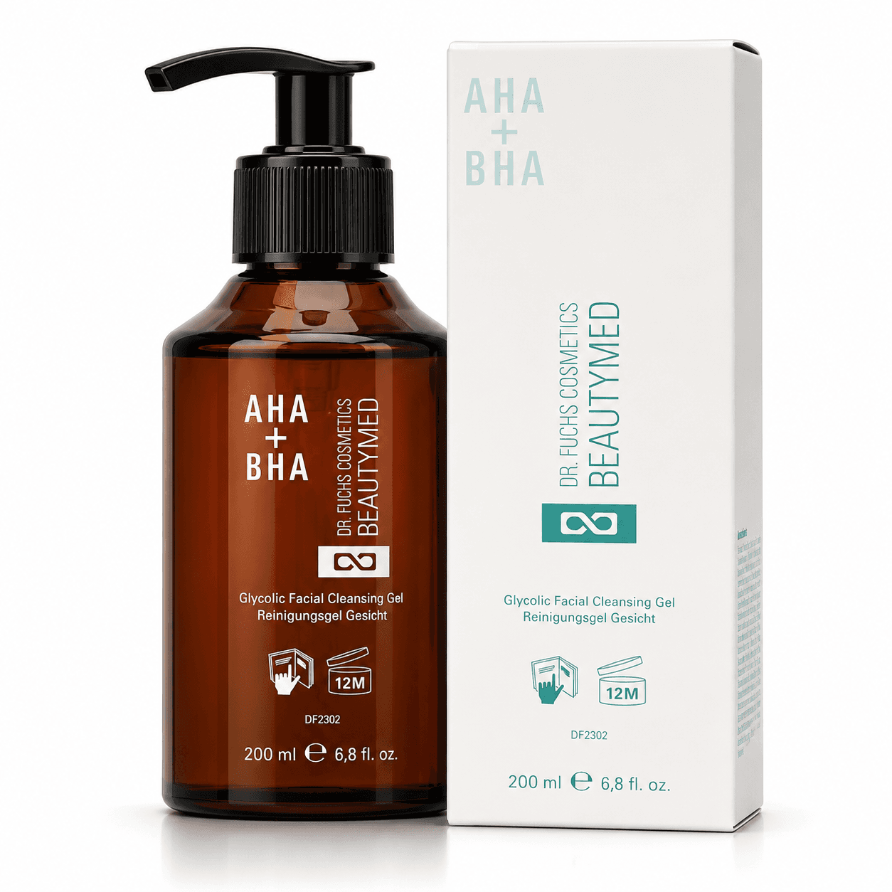 Dr. Fuchs Cosmetics AHA+BHA reinigingsgel 200ml in bruine pompfles met witte verpakking