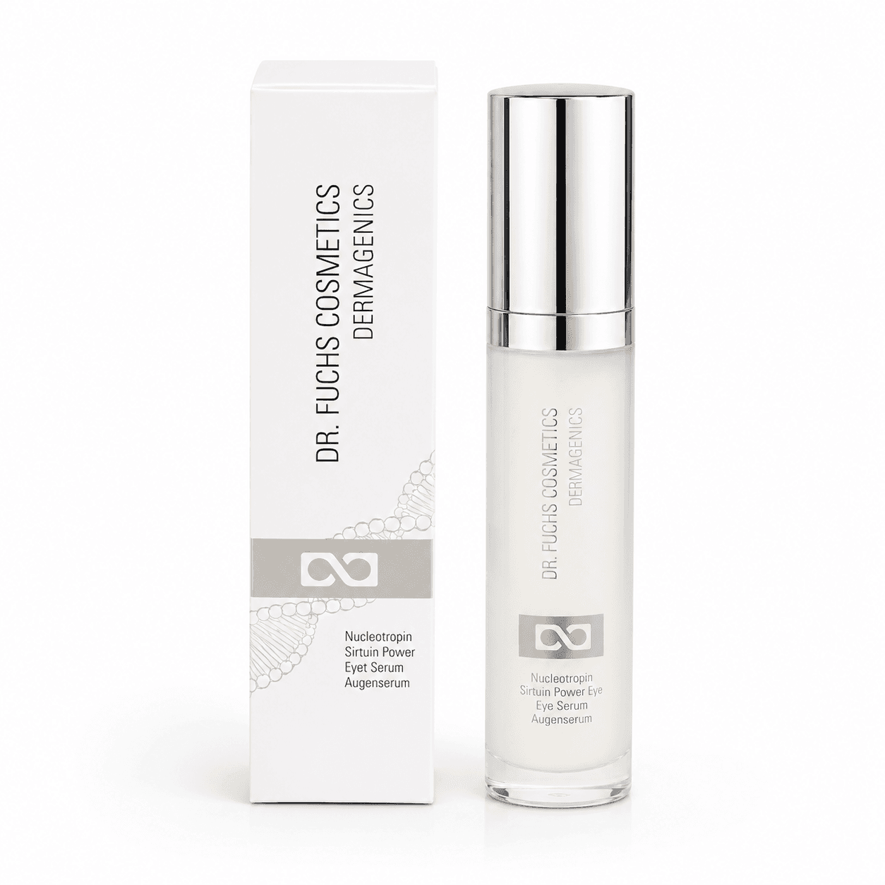 Dr. Fuchs Cosmetics Dermagenics Nucleotropin Sirtuin Power oogserum in glazen pompfles met zilveren dop en witte verpakking