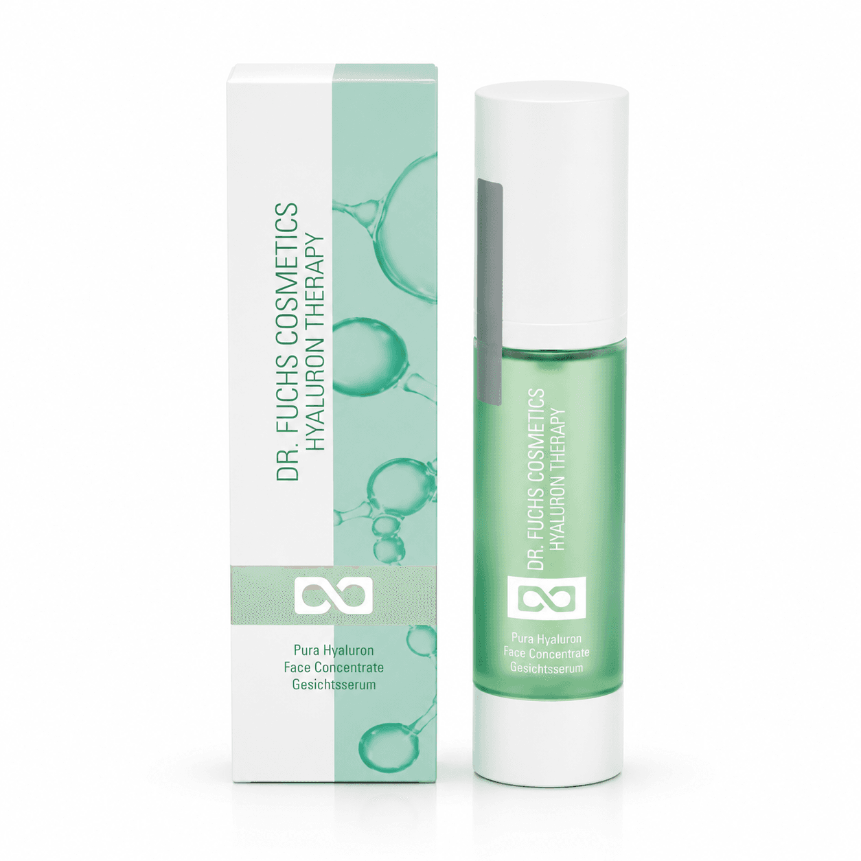 Dr. Fuchs Cosmetics Hyaluron Therapy gezichtsserum in groene pompfles met bijpassende verpakking