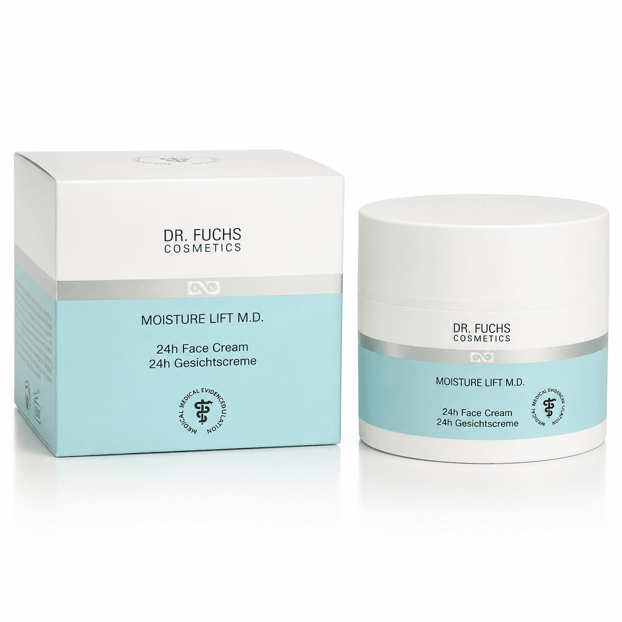 Dr. Fuchs Cosmetics Moisture Lift M.D. 24h gezichtscrème 100ml met lichtblauwe verpakking en witte pot