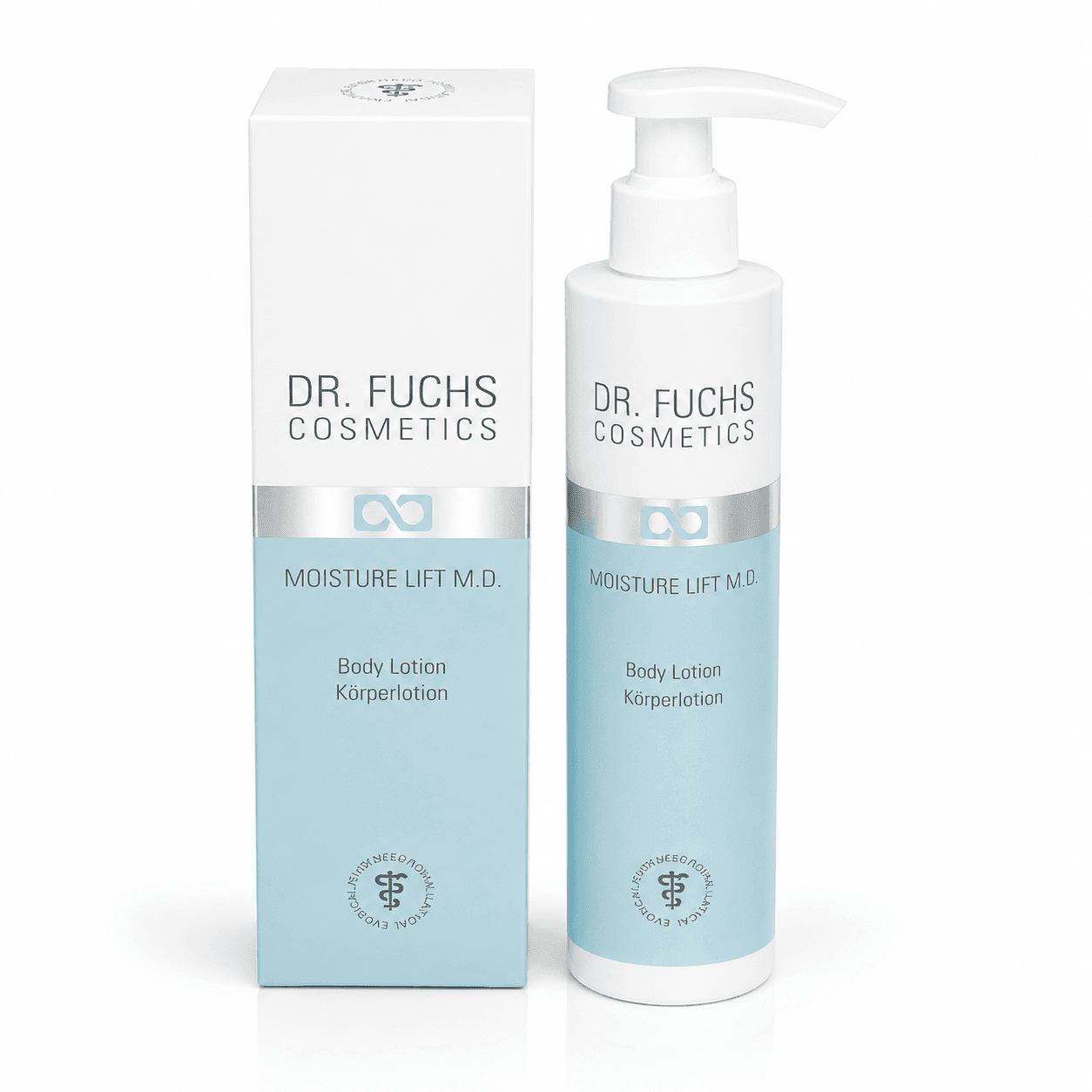 Dr. Fuchs Cosmetics Moisture Lift M.D. body lotion 400 ml met pomp en doos in lichtblauw-wit