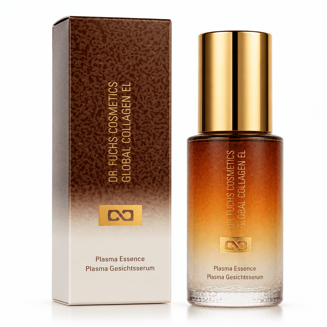 Dr. Fuchs Cosmetics Global Collagen EL Plasma Essence gezichtsserum in amber glazen fles met gouden dop en bijpassende doos