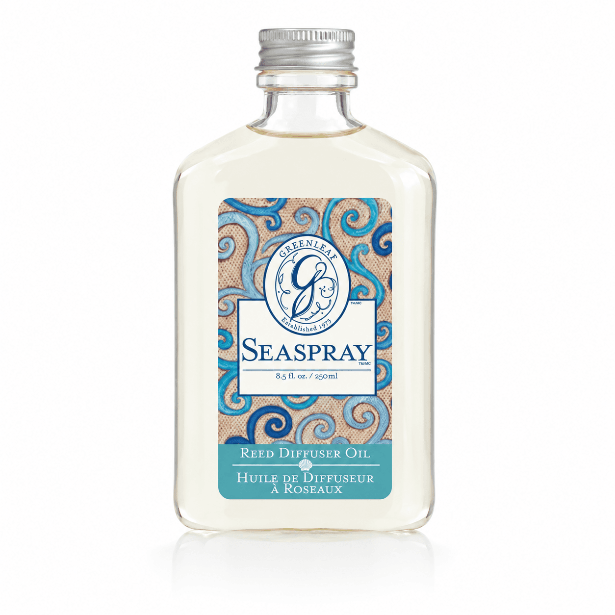 Greenleaf Reed Diffuser Oil Seaspray 250ml in platte glazen fles met zilveren dop en blauwe golfprint op het etiket