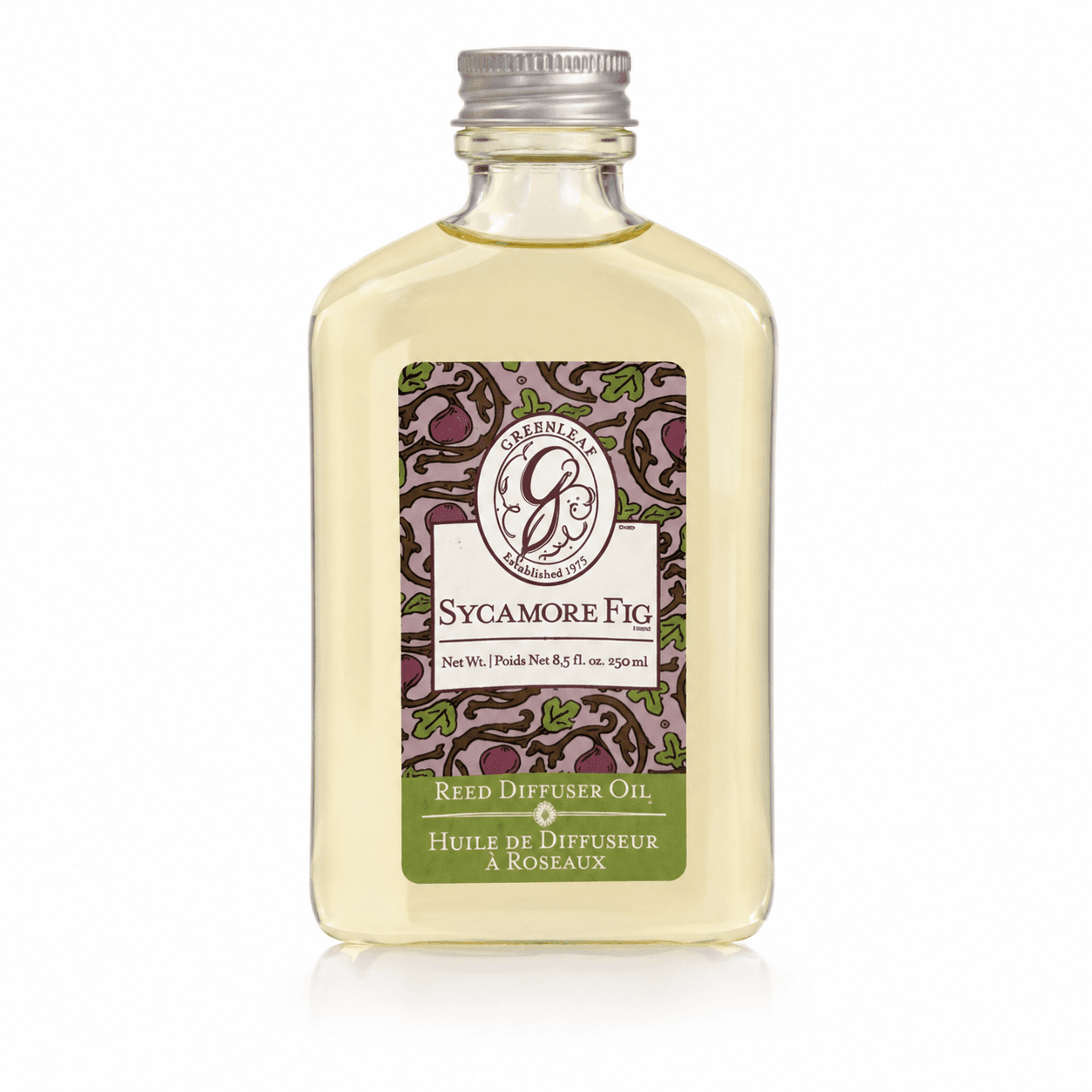 Greenleaf Reed Diffuser Oil Sycamore Fig 250ml in glazen fles met zilver schroefdop en botanisch etiket