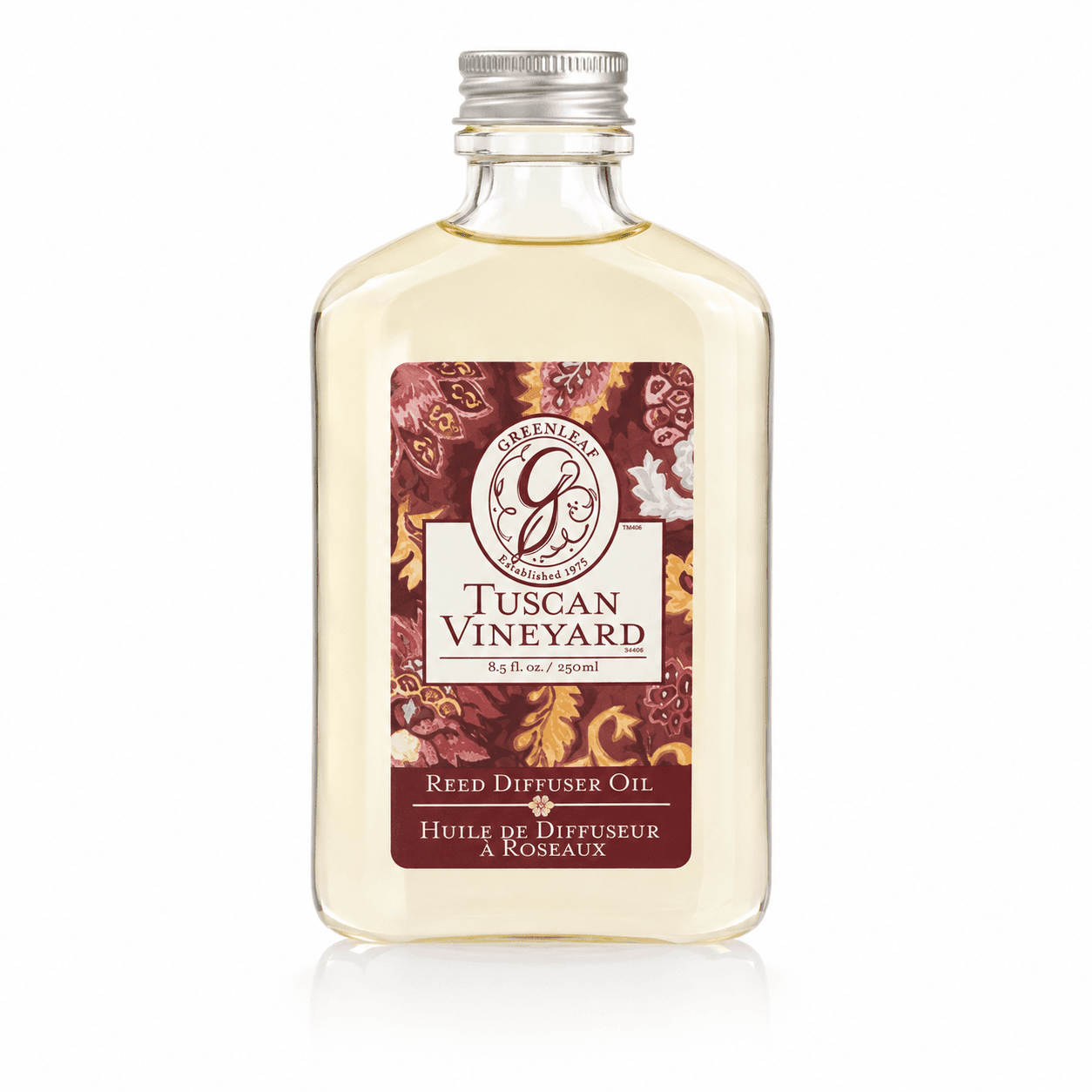 Greenleaf Reed Diffuser Oil Tuscan Vineyard 250ml in glazen fles met zilver dop en bordeauxrood bloemenlabel