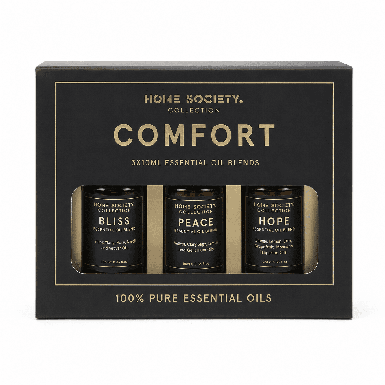 Home Society Comfort cadeauset met 3 etherische oliën Bliss, Peace en Hope in zwart-gouden verpakking