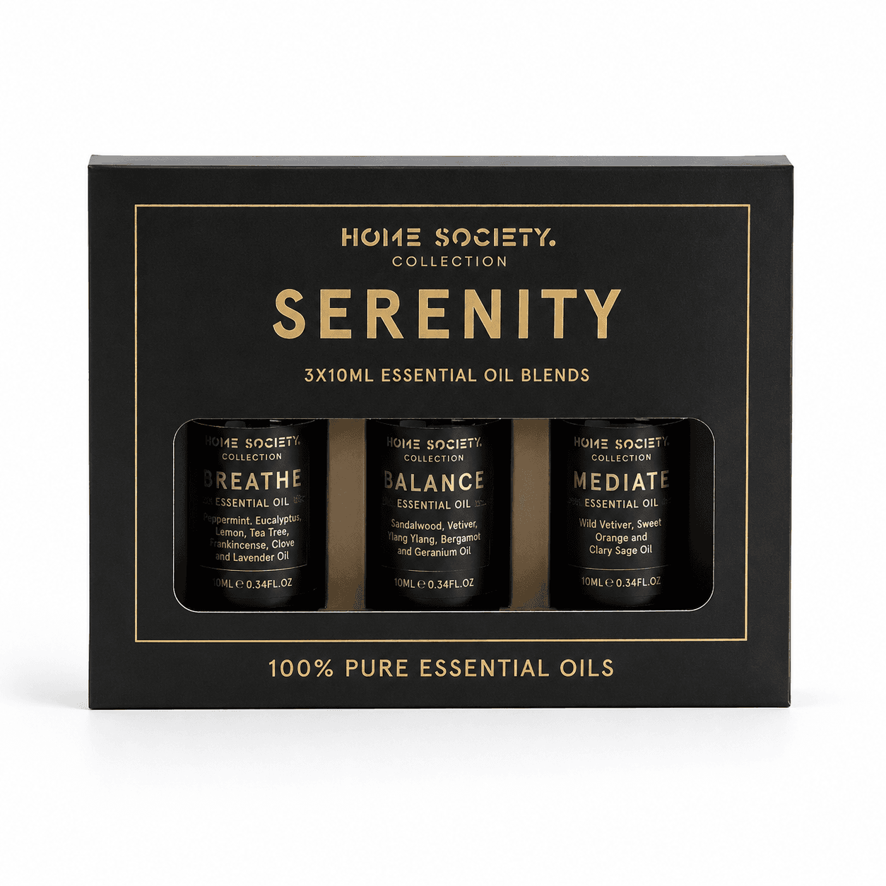 Home Society Serenity etherische olie set met drie flesjes Breathe, Balance en Mediate van elk 10 ml in zwarte giftbox