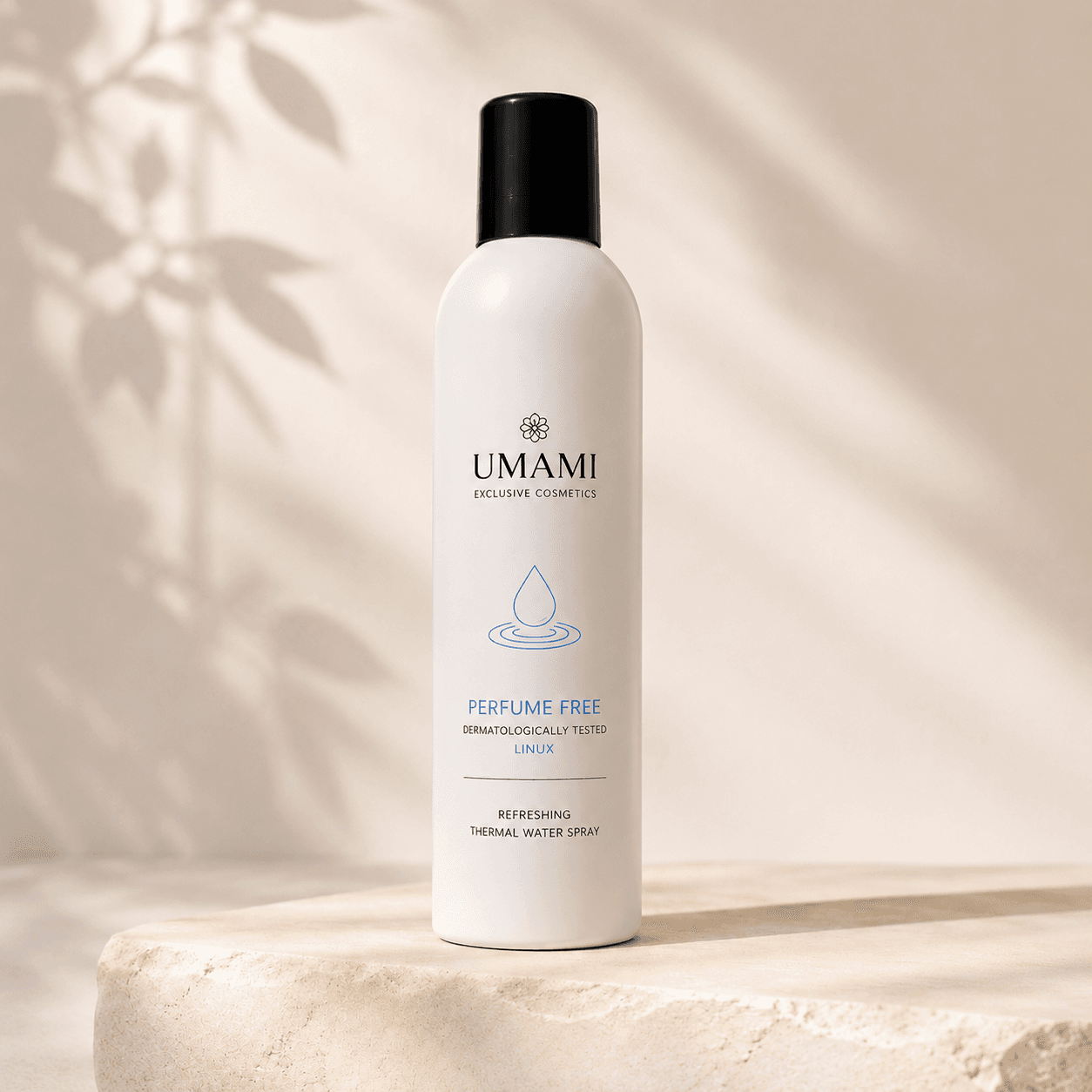 UMAMI Exclusive Cosmetics Thermal Water Spray parfumvrij 300ml, witte spuitbus met zwarte dop op stenen sokkel