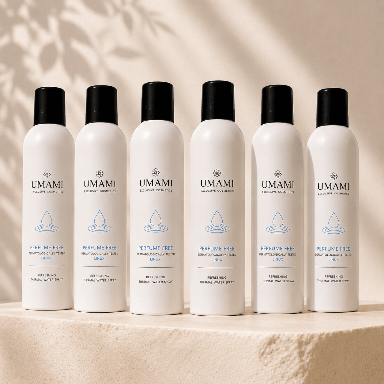 Zes witte spuitbussen UMAMI Exclusive Cosmetics Thermal Water Spray 300 ml, parfumvrij en dermatologisch getest