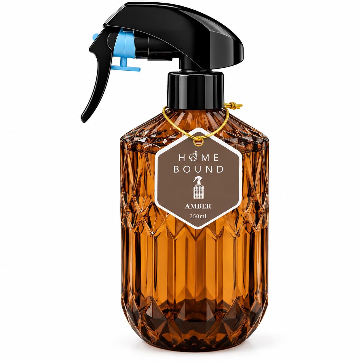 HomeBound Roomspray Facet Amber 350 ml, amberkleurige glazen fles met facetmotief en triggerverstuiver