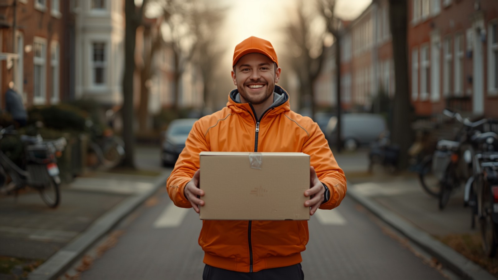 Pakketbezorger overhandigt lachend een kartonnen doos van VXhome in een Nederlandse woonstraat