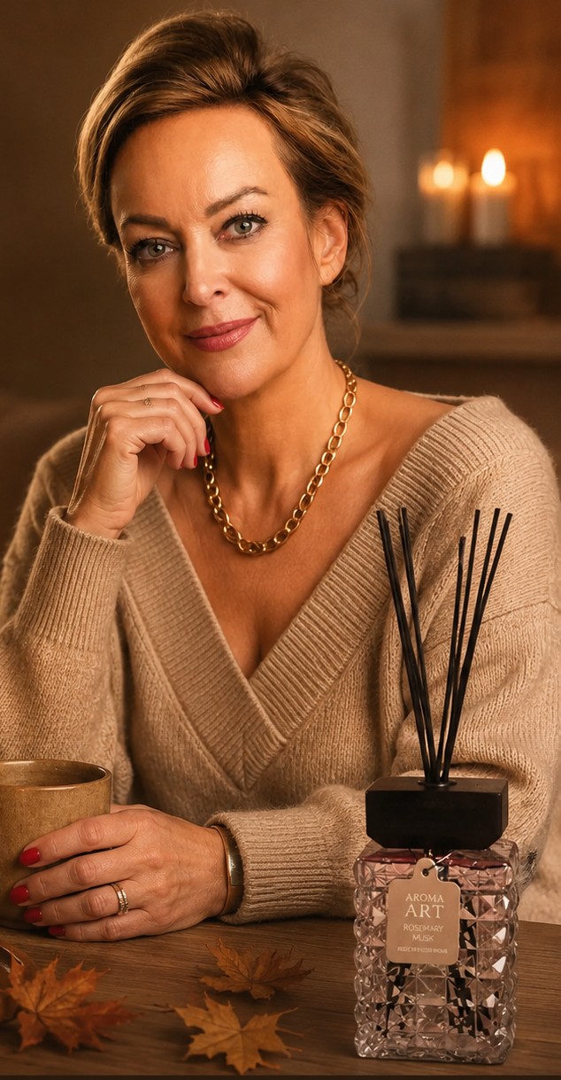 Maria Hoogstrate van VXhome aan tafel met een Aroma Art geurstokjesfles, een gouden beker en herfstbladeren, met kaarslicht op de achtergrond