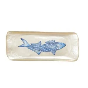 RECHTHOEKIGE VANILLE SCHAAL MET BLAUWE VISSEN 31X12,5X2,5CM