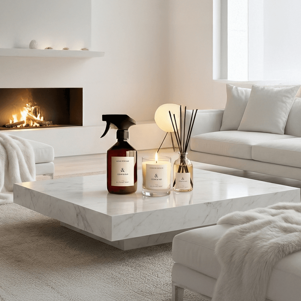 Cedar & Oud The Ophactory geschenkset — geurstokjes 100ml, interieurspray 500ml en geurkaars 200g (The Olphactory)