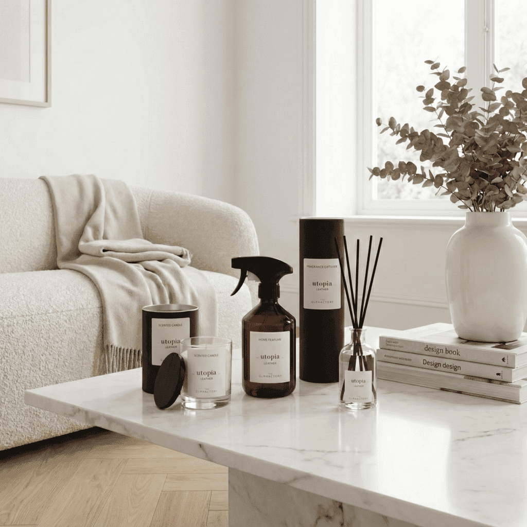 Utopia - Leather The Ophactory geschenkset — geurstokjes 100ml, interieurspray 500ml en geurkaars 200g (The Olphactory)