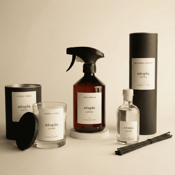 Utopia - Leather The Ophactory geschenkset — geurstokjes 100ml, interieurspray 500ml en geurkaars 200g (The Olphactory)