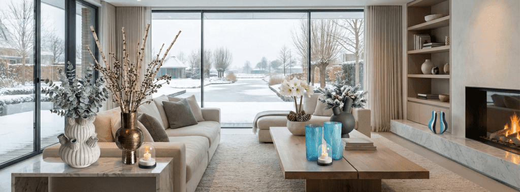 Luxe woonkamer bij winterlandschap, houten salontafel met meerdere vazen (blauw glas, keramiek), amaryllis en brandende haard — sfeervolle styling voor de VXhome Wintercollectie.