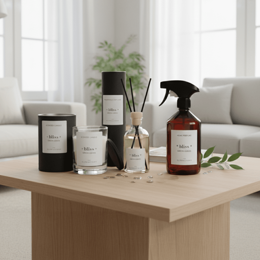 Bliss Green Leaves geschenkset — geurstokjes 100ml, interieurspray 500ml en geurkaars 200g (The Olphactory)