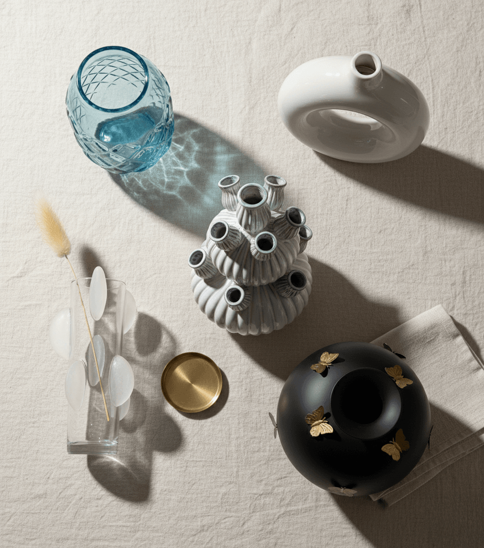 Designvazen materialen styling combinatie glazen keramische metalen vazen kleurencombinaties interieur 2026