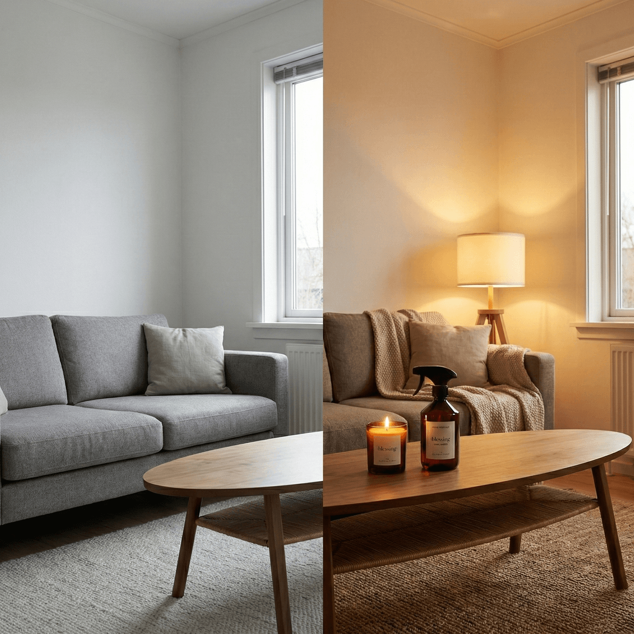 Voor en na: sfeerboost met geurkaars en interieurspray